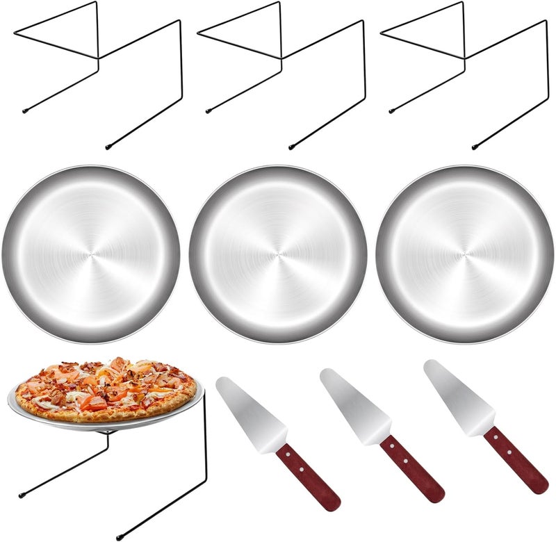 PLUVAVA 9 Pieces Pizza Pan Riser Stands Sets with 3 Metal Pizza Table Stands 3 Pizza Pans and 3 Wood Handle Pie Server Pizza Serving Tray Display Stands for Pizza Party Dessert Cheese Baking (9 PCS) - Image 1