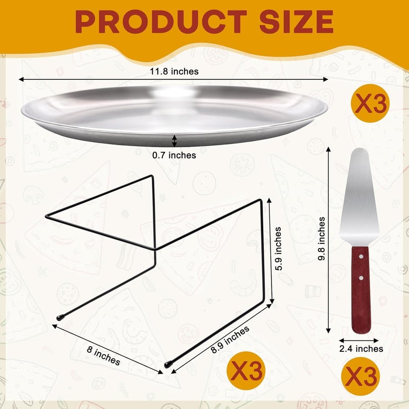 PLUVAVA 9 Pieces Pizza Pan Riser Stands Sets with 3 Metal Pizza Table Stands 3 Pizza Pans and 3 Wood Handle Pie Server Pizza Serving Tray Display Stands for Pizza Party Dessert Cheese Baking (9 PCS) - Image 2