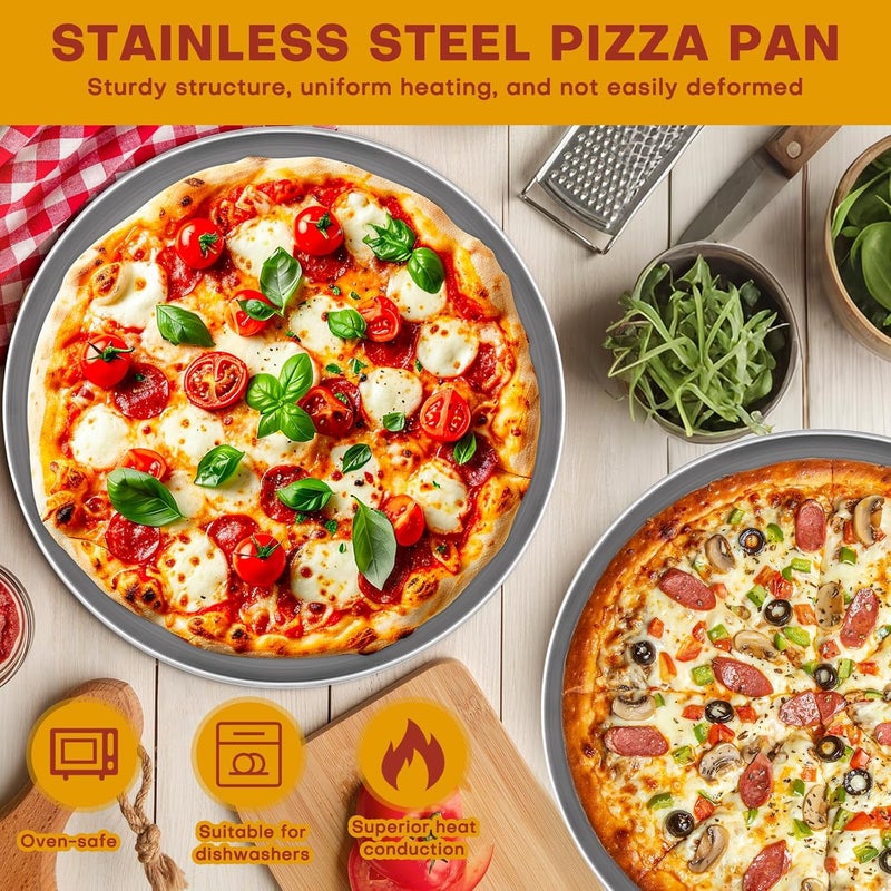 PLUVAVA 9 Pieces Pizza Pan Riser Stands Sets with 3 Metal Pizza Table Stands 3 Pizza Pans and 3 Wood Handle Pie Server Pizza Serving Tray Display Stands for Pizza Party Dessert Cheese Baking (9 PCS) - Image 3