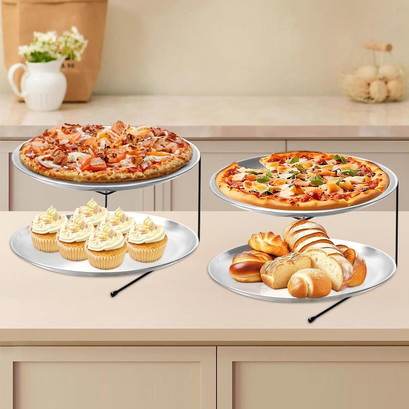 PLUVAVA 9 Pieces Pizza Pan Riser Stands Sets with 3 Metal Pizza Table Stands 3 Pizza Pans and 3 Wood Handle Pie Server Pizza Serving Tray Display Stands for Pizza Party Dessert Cheese Baking (9 PCS) - Image 5