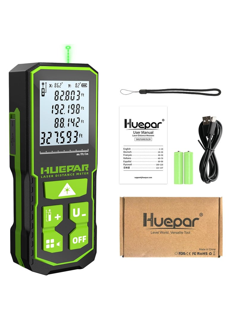 Huepar 330FT Professional Green Laser Measuring Tool with Angle Sensor Huepar 116in Accuracy Medidor Laser Distance Measurement Tool Rechargeable Digital Laser Room Measuring Device Laser Distance Meters  - Image 1