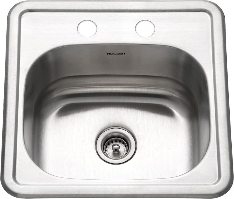 HOUZER Hospitality Stainless Steel Bar & Prep Sink: 15 Inch Drop-In Topmount 2-Hole Sink for Bar & Kitchen, Durable & Versatile, Essential for Home & Apartment: 1515-6BS-1 - Image 1
