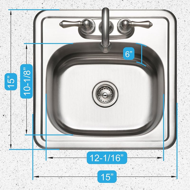 HOUZER Hospitality Stainless Steel Bar & Prep Sink: 15 Inch Drop-In Topmount 2-Hole Sink for Bar & Kitchen, Durable & Versatile, Essential for Home & Apartment: 1515-6BS-1 - Image 3