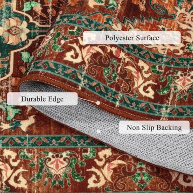 سجادة Boho Hallway Runner، سجادة عداء المدخل قابلة للغسل، سجادة منطقة المطبخ العتيقة غير قابلة للانزلاق وقابلة للغسل للمطبخ والغسيل والحمام ومدخل غرفة المعيشة بلون الصدأ والأزرق المخضر، 60 * 180 سم - Image 3