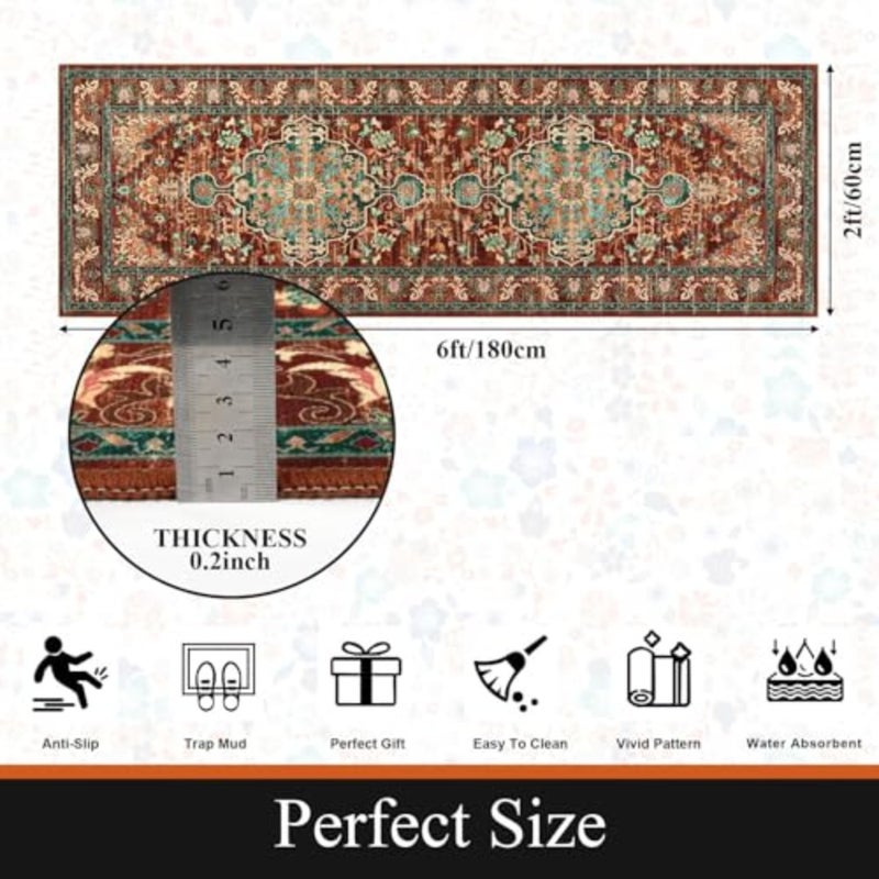 سجادة Boho Hallway Runner، سجادة عداء المدخل قابلة للغسل، سجادة منطقة المطبخ العتيقة غير قابلة للانزلاق وقابلة للغسل للمطبخ والغسيل والحمام ومدخل غرفة المعيشة بلون الصدأ والأزرق المخضر، 60 * 180 سم - Image 2