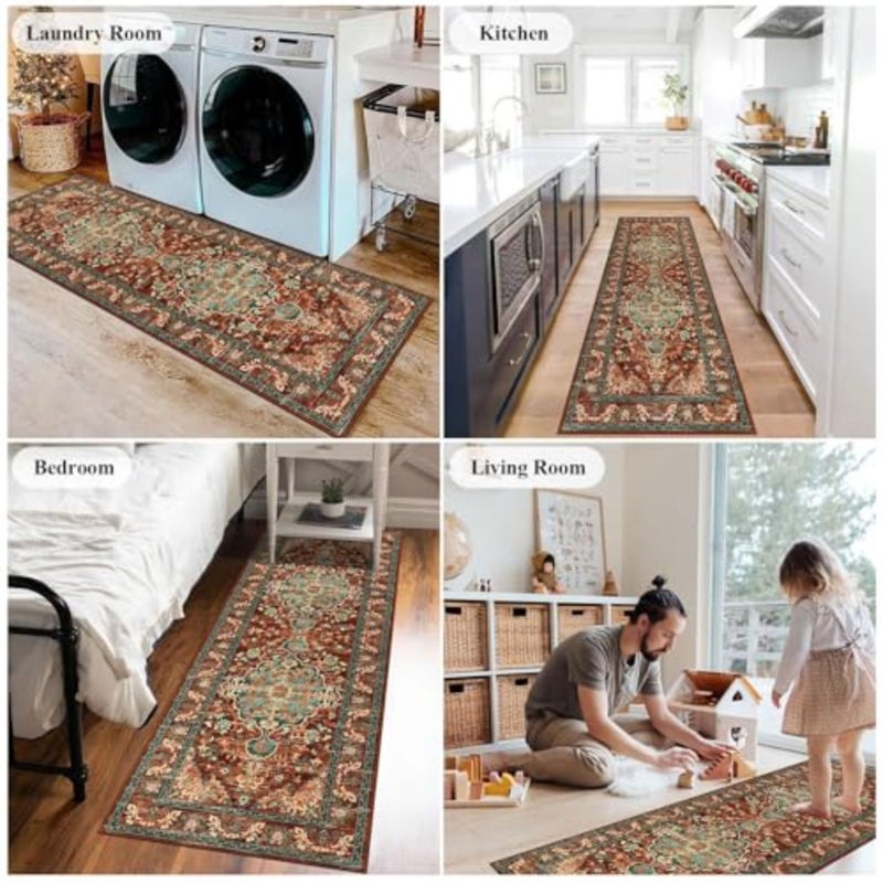 سجادة Boho Hallway Runner، سجادة عداء المدخل قابلة للغسل، سجادة منطقة المطبخ العتيقة غير قابلة للانزلاق وقابلة للغسل للمطبخ والغسيل والحمام ومدخل غرفة المعيشة بلون الصدأ والأزرق المخضر، 60 * 180 سم - Image 4