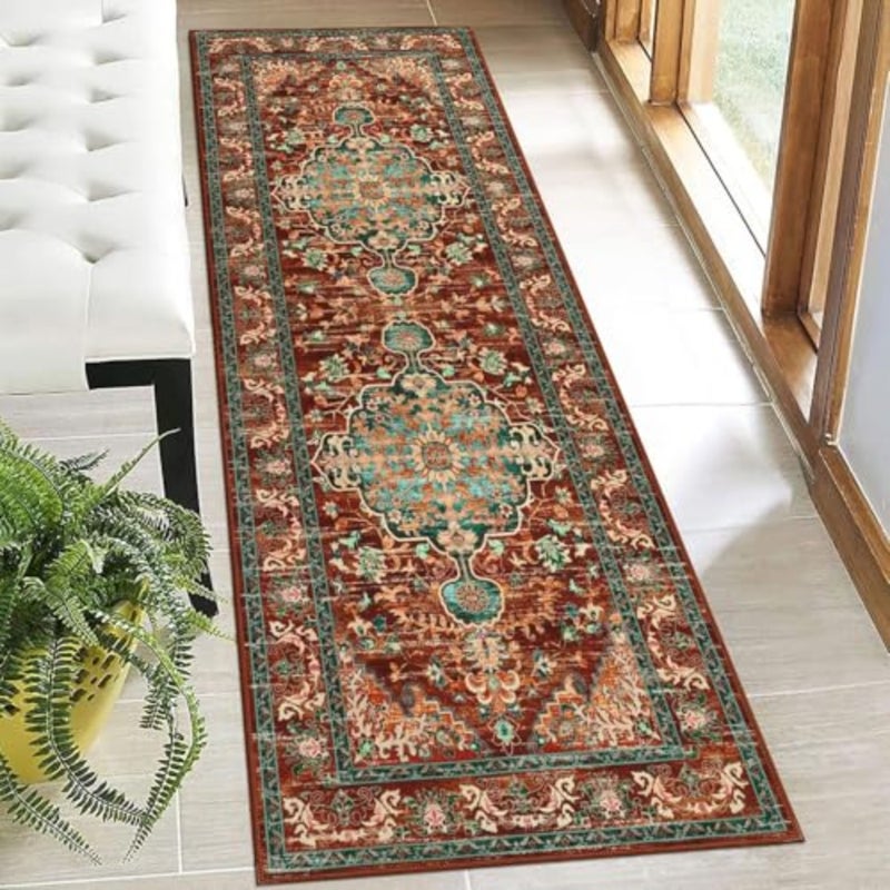 سجادة Boho Hallway Runner، سجادة عداء المدخل قابلة للغسل، سجادة منطقة المطبخ العتيقة غير قابلة للانزلاق وقابلة للغسل للمطبخ والغسيل والحمام ومدخل غرفة المعيشة بلون الصدأ والأزرق المخضر، 60 * 180 سم - Image 1