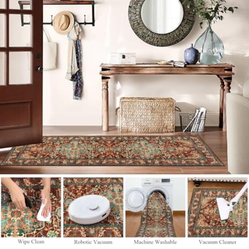 سجادة Boho Hallway Runner، سجادة عداء المدخل قابلة للغسل، سجادة منطقة المطبخ العتيقة غير قابلة للانزلاق وقابلة للغسل للمطبخ والغسيل والحمام ومدخل غرفة المعيشة بلون الصدأ والأزرق المخضر، 60 * 180 سم - Image 5