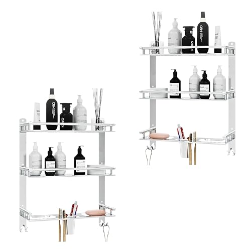 GLOXY ENTERPRISE GLOXY Stainless Steel 3 Layer Multipurpose Organizer Shelf for Bathroom with Double Soap Dish and Toothbrush Holder Soap Holder for Bathroom Accessories (15 x 5 x 19 inch, Mirror Finish, Pack of 2) - Image 1