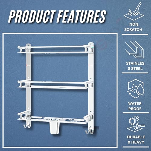 GLOXY ENTERPRISE GLOXY Stainless Steel 3 Layer Multipurpose Organizer Shelf for Bathroom with Double Soap Dish and Toothbrush Holder Soap Holder for Bathroom Accessories (15 x 5 x 19 inch, Mirror Finish, Pack of 2) - Image 5