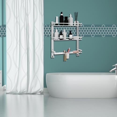 GLOXY ENTERPRISE GLOXY Stainless Steel 3 Layer Multipurpose Organizer Shelf for Bathroom with Double Soap Dish and Toothbrush Holder Soap Holder for Bathroom Accessories (15 x 5 x 19 inch, Mirror Finish, Pack of 2) - Image 2