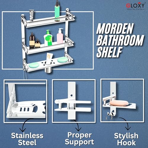 GLOXY ENTERPRISE GLOXY Stainless Steel 3 Layer Multipurpose Organizer Shelf for Bathroom with Double Soap Dish and Toothbrush Holder Soap Holder for Bathroom Accessories (15 x 5 x 19 inch, Mirror Finish, Pack of 2) - Image 4