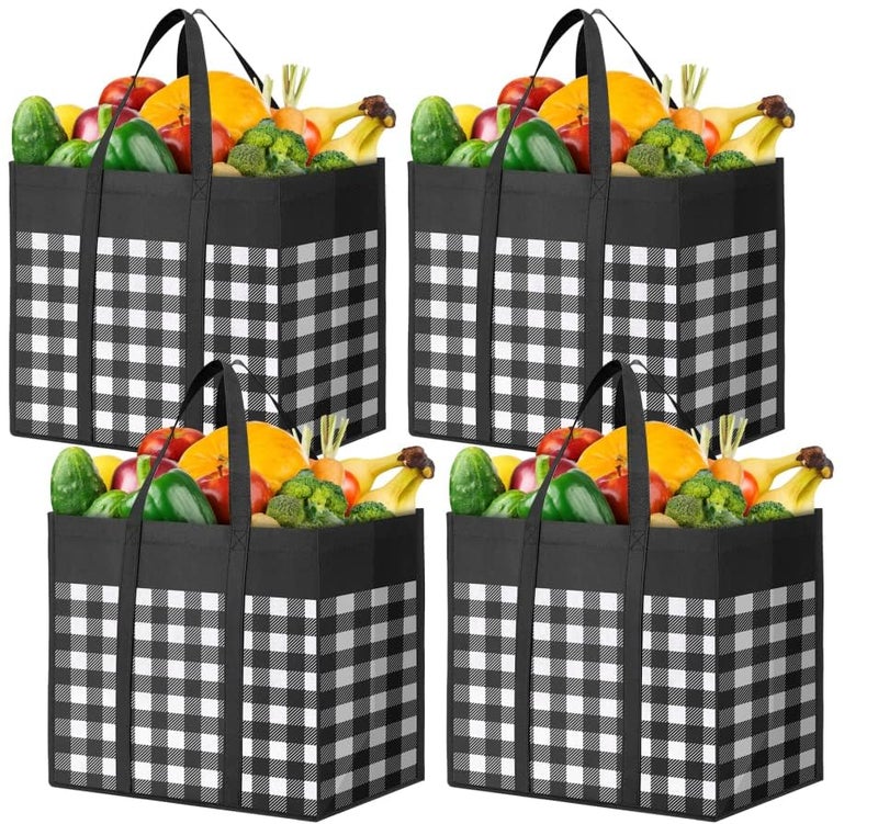WOWBOX Reusable Grocery Bags 4-Pack  Foldable Reusable Shopping Tote Bags bulk with Reinforced Handles Large Storage Bags with Water Resistant Coating for Groceries Multipurpose Black-White - Image 1