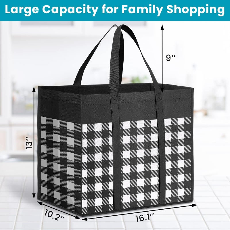 WOWBOX Reusable Grocery Bags 4-Pack  Foldable Reusable Shopping Tote Bags bulk with Reinforced Handles Large Storage Bags with Water Resistant Coating for Groceries Multipurpose Black-White - Image 2