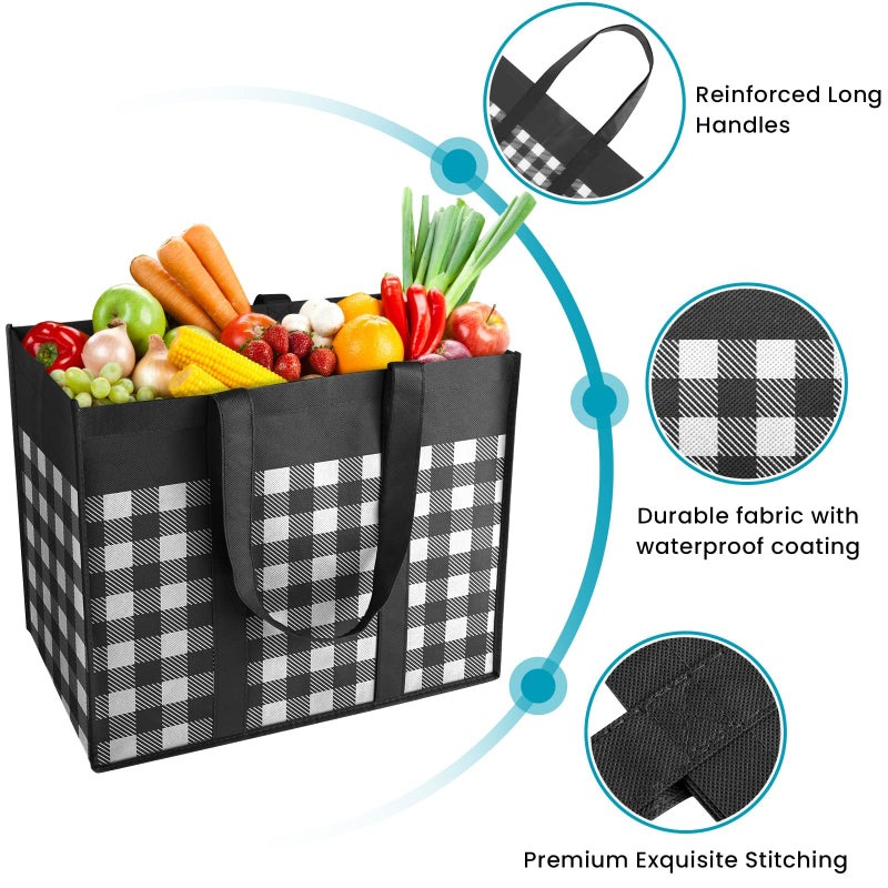 WOWBOX Reusable Grocery Bags 4-Pack  Foldable Reusable Shopping Tote Bags bulk with Reinforced Handles Large Storage Bags with Water Resistant Coating for Groceries Multipurpose Black-White - Image 3