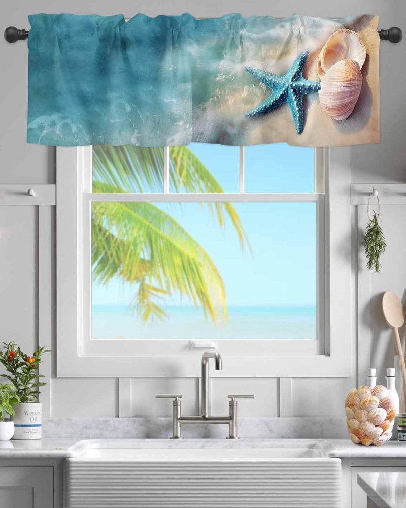 Coastal Ocean Valance Curtain for Window Summer Starfish Sea Shells on Beach Rod Pocket Kitchen Valances Short Curtain Panel Windows Treatment Drapes for BathroomBedroomCafe Seaside Landscape