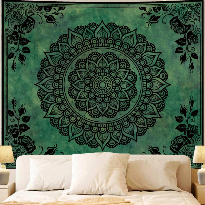 Apdidl Boho Mandala Green Tapestry for Bedroom Aesthetic, Hippie Indian Vintage Floral Decor Wall Hanging, Bohemian Ceiling Flower Plants Art Backdrop Wall Tapestries for Dorm Living Room 51" X 60" - Image 1