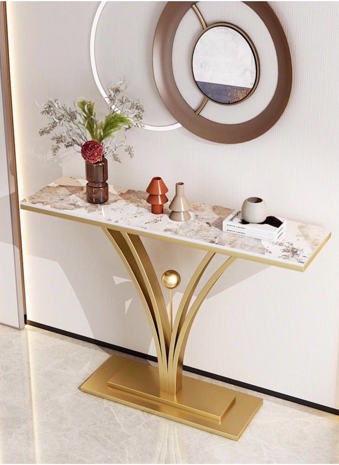 fashionhome Modern Design Rock Slab Console Table White Sintered Stone Entryway Table White and Gold Geometric Line Pedestal for Foyer Living Room Offices 100x30x80 cm 