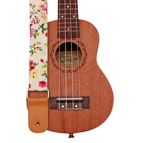 MUSIC FIRST Original Design “Rosa Multiflora in Green” Soft Muslin & Genuine Leather Ukulele Strap Ukulele Shoulder Strap - Image 1