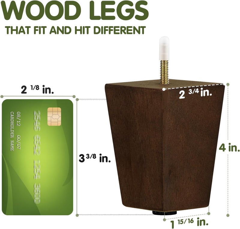 Yes4All Yes4All 4Inch Square Wooden Furniture Legs Set of 4 Brown MidCentury Modern Feet for Sofa Ottoman Bench Dresser and Table Risers with Adjustable Levelers for Stability and Floor Protection  - Image 3