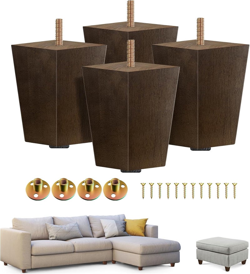 Yes4All Yes4All 4Inch Square Wooden Furniture Legs Set of 4 Brown MidCentury Modern Feet for Sofa Ottoman Bench Dresser and Table Risers with Adjustable Levelers for Stability and Floor Protection  - Image 1