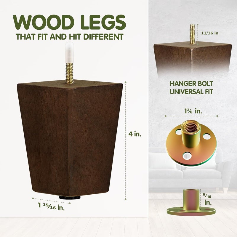 Yes4All Yes4All 4Inch Square Wooden Furniture Legs Set of 4 Brown MidCentury Modern Feet for Sofa Ottoman Bench Dresser and Table Risers with Adjustable Levelers for Stability and Floor Protection  - Image 4