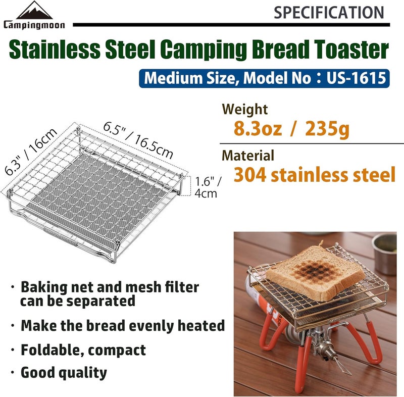 camping moon CAMPINGMOON Camping Toaster for Gas Stove Top Fire Grill Grid 304 Stainless Steel Bread Toasters Cooking Grill With Anti Scalding Mesh Fork Medium Size US-1615 - Image 2