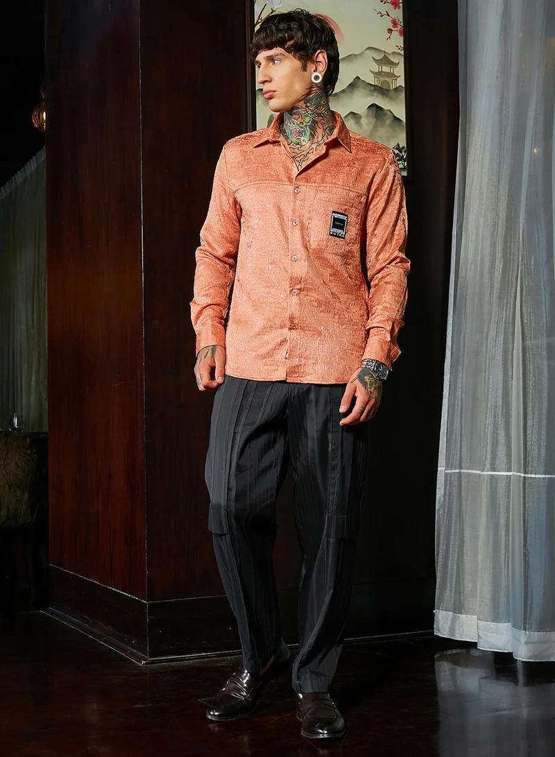 Campus Sutra Campus Sutra Men's Peach Orange Corroded-Tactile Shirt For Casual Wear | Spread Collar | Long Regular Sleeves | Button Closure | Shirt Crafted With Comfort Fit For Everyday Wear