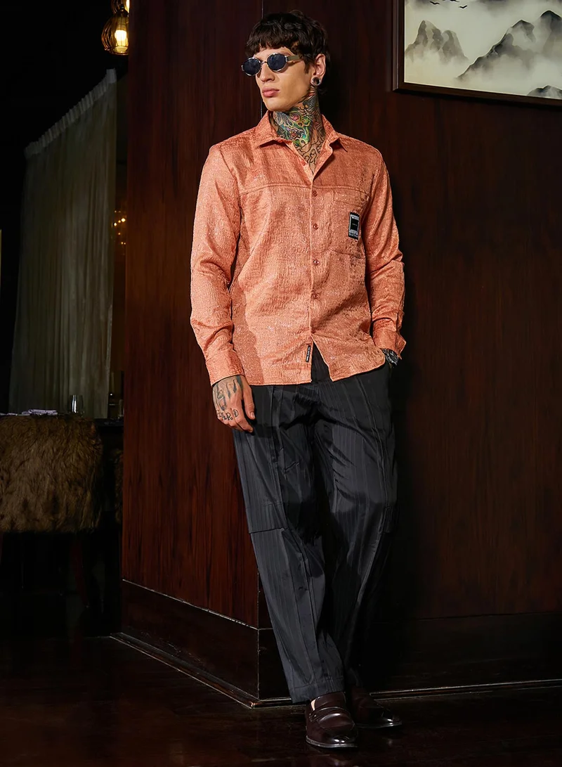 Campus Sutra Campus Sutra Men's Peach Orange Corroded-Tactile Shirt For Casual Wear | Spread Collar | Long Regular Sleeves | Button Closure | Shirt Crafted With Comfort Fit For Everyday Wear