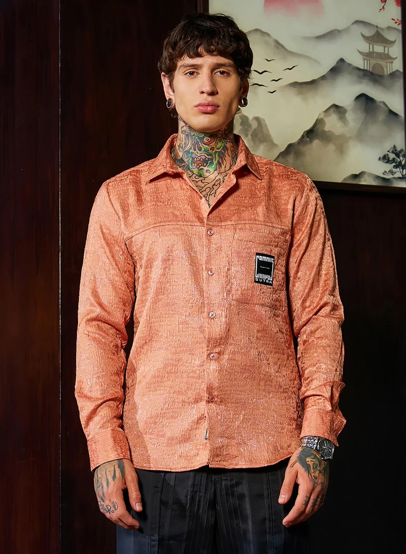 Campus Sutra Campus Sutra Men's Peach Orange Corroded-Tactile Shirt For Casual Wear | Spread Collar | Long Regular Sleeves | Button Closure | Shirt Crafted With Comfort Fit For Everyday Wear