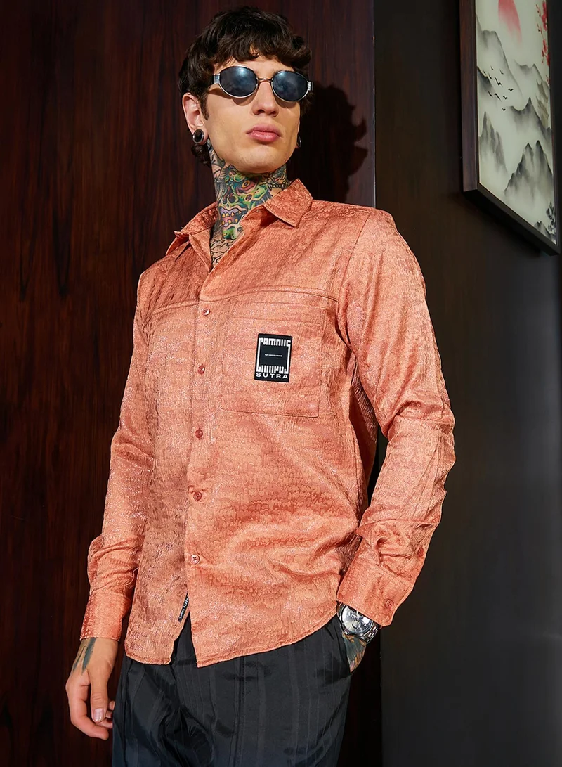 Campus Sutra Campus Sutra Men's Peach Orange Corroded-Tactile Shirt For Casual Wear | Spread Collar | Long Regular Sleeves | Button Closure | Shirt Crafted With Comfort Fit For Everyday Wear