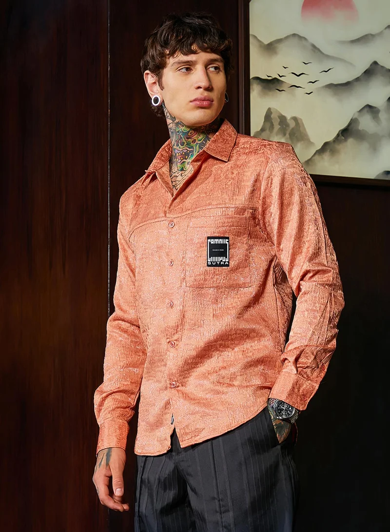 Campus Sutra Campus Sutra Men's Peach Orange Corroded-Tactile Shirt For Casual Wear | Spread Collar | Long Regular Sleeves | Button Closure | Shirt Crafted With Comfort Fit For Everyday Wear