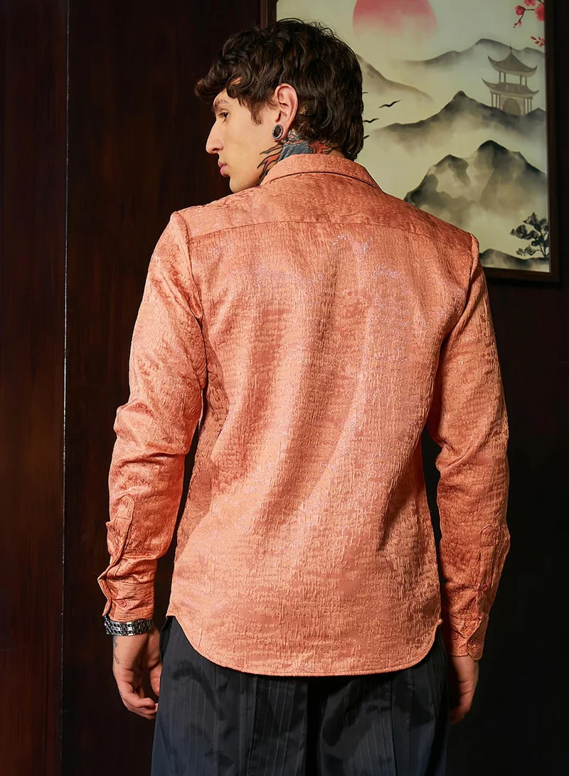Campus Sutra Campus Sutra Men's Peach Orange Corroded-Tactile Shirt For Casual Wear | Spread Collar | Long Regular Sleeves | Button Closure | Shirt Crafted With Comfort Fit For Everyday Wear