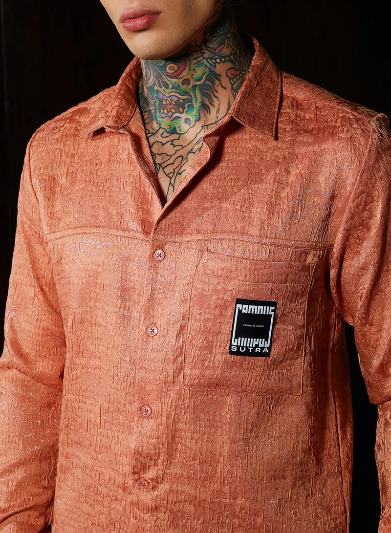 Campus Sutra Campus Sutra Men's Peach Orange Corroded-Tactile Shirt For Casual Wear | Spread Collar | Long Regular Sleeves | Button Closure | Shirt Crafted With Comfort Fit For Everyday Wear