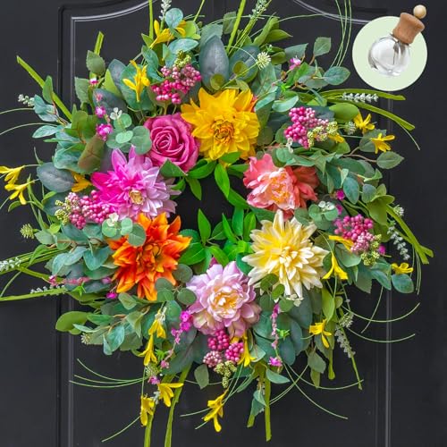 Soomeir Spring Summer Wreaths for Front Door with Fragrance Bottle, Soomeir Floral Door Wreath with Peony Dahlia Rose, for All Season Easter Indoor Outdoor Farmhouse Home Decor - Image 1