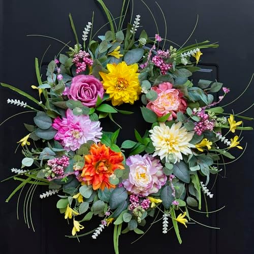 Soomeir Spring Summer Wreaths for Front Door with Fragrance Bottle, Soomeir Floral Door Wreath with Peony Dahlia Rose, for All Season Easter Indoor Outdoor Farmhouse Home Decor - Image 5