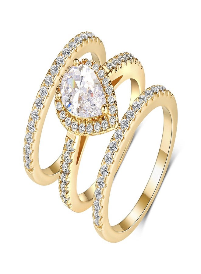 MDFUN Three in One Round/Oval/Eye/Teardrop Halo Wedding Bands Set Engagement Rings 18K Yellow Gold Plated Cubic Zirconia Promise Eternity Band for Women Size 5-10, Brass, Cubic Zirconia - Image 1
