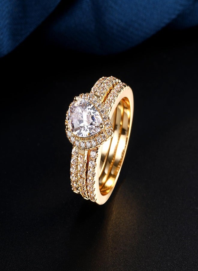 MDFUN Three in One Round/Oval/Eye/Teardrop Halo Wedding Bands Set Engagement Rings 18K Yellow Gold Plated Cubic Zirconia Promise Eternity Band for Women Size 5-10, Brass, Cubic Zirconia - Image 3