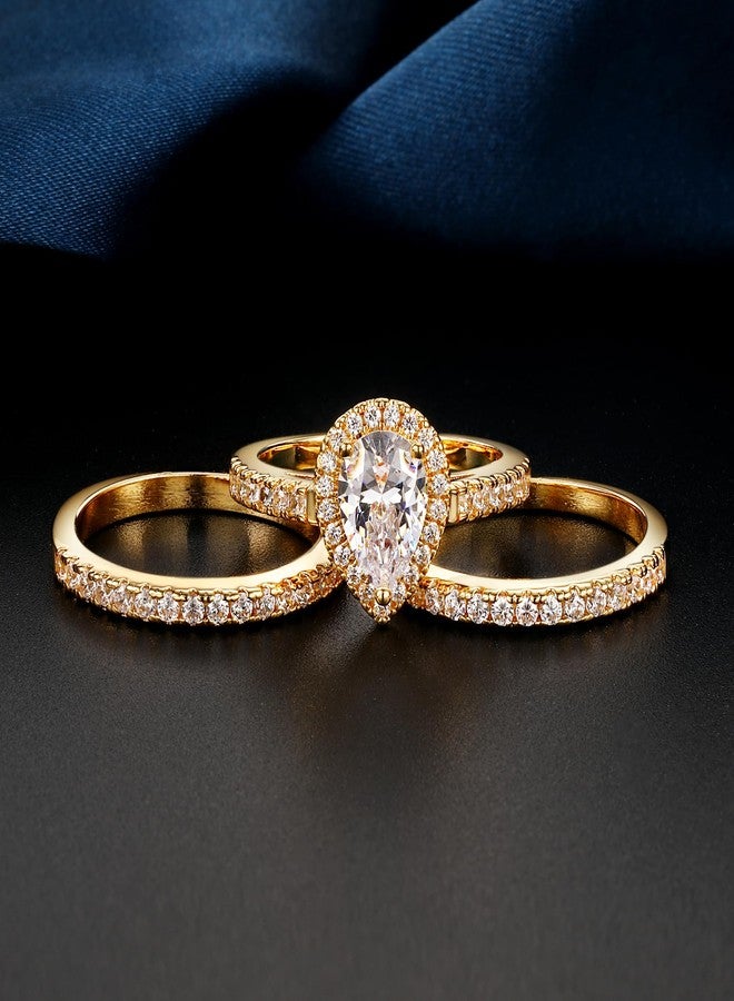 MDFUN Three in One Round/Oval/Eye/Teardrop Halo Wedding Bands Set Engagement Rings 18K Yellow Gold Plated Cubic Zirconia Promise Eternity Band for Women Size 5-10, Brass, Cubic Zirconia - Image 4