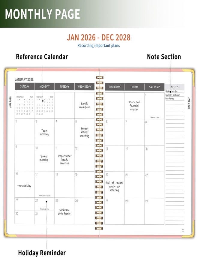 KAICN Monthly Planner 2026-2028, Hardcover with Metal Corner 3 year calendar 2026-2027-2028 Calendar Book from Jan 2026 - Dec 2028, 9“ x 11”, Spiral Bound,Organizer for Office, School, and Home, Pink - Image 3