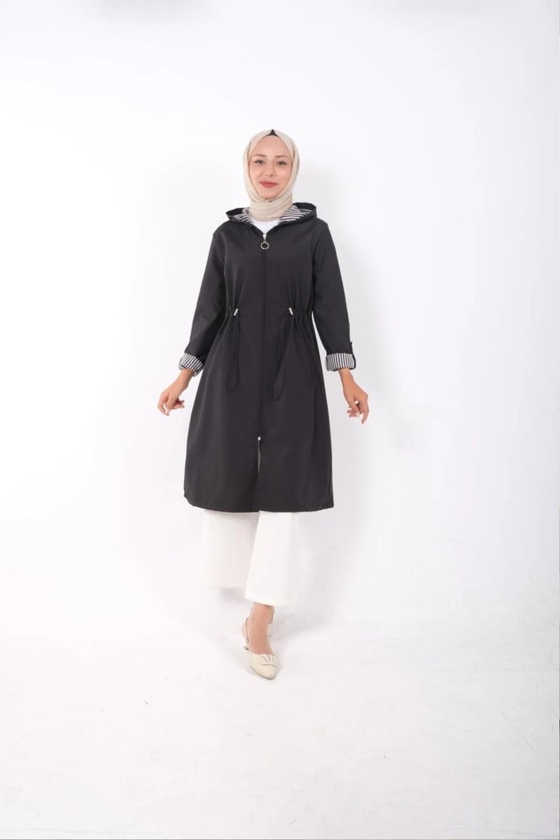 Swana Women's Elastic Waist Detailed Zippered Hooded Trench Coat - Image 1