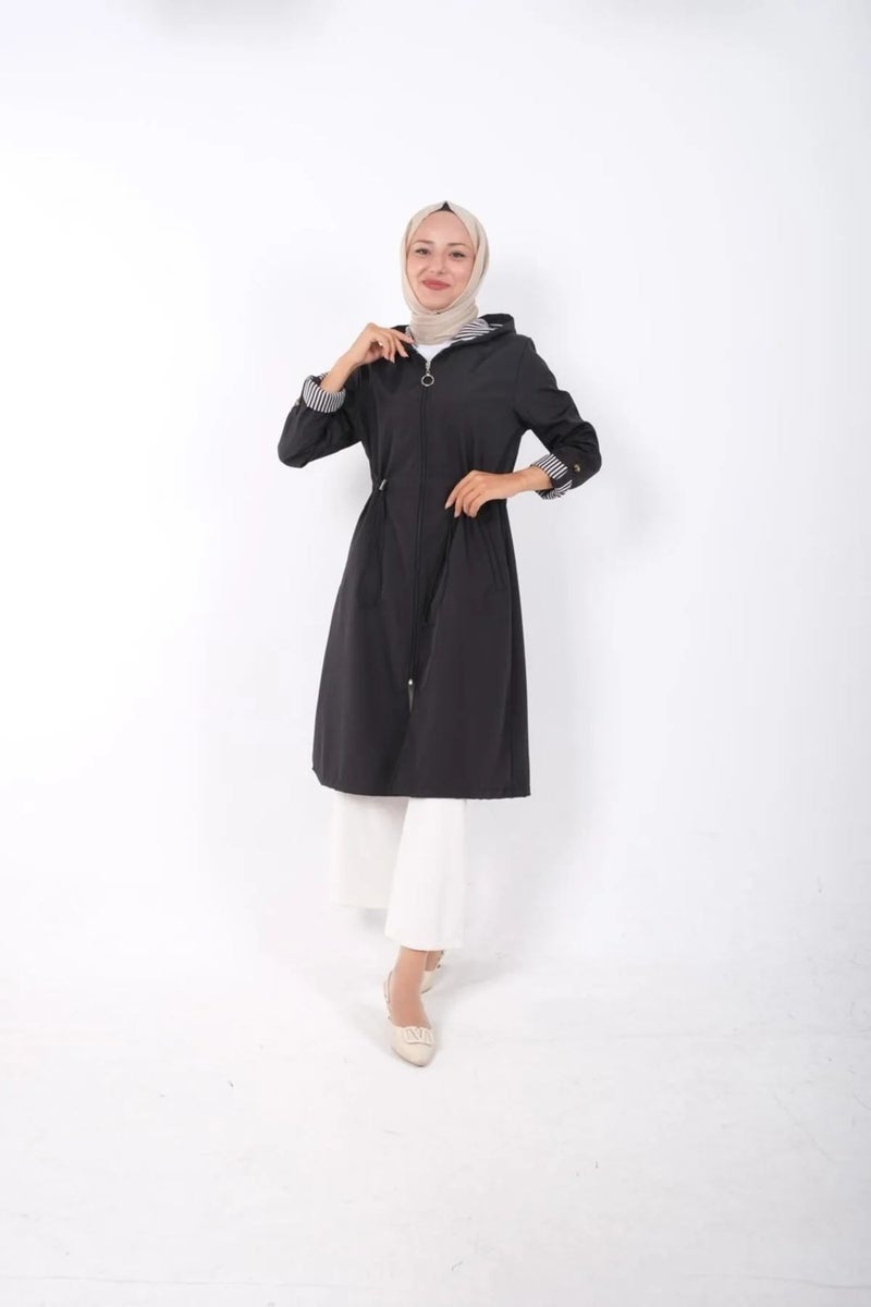 Swana Women's Elastic Waist Detailed Zippered Hooded Trench Coat - Image 3