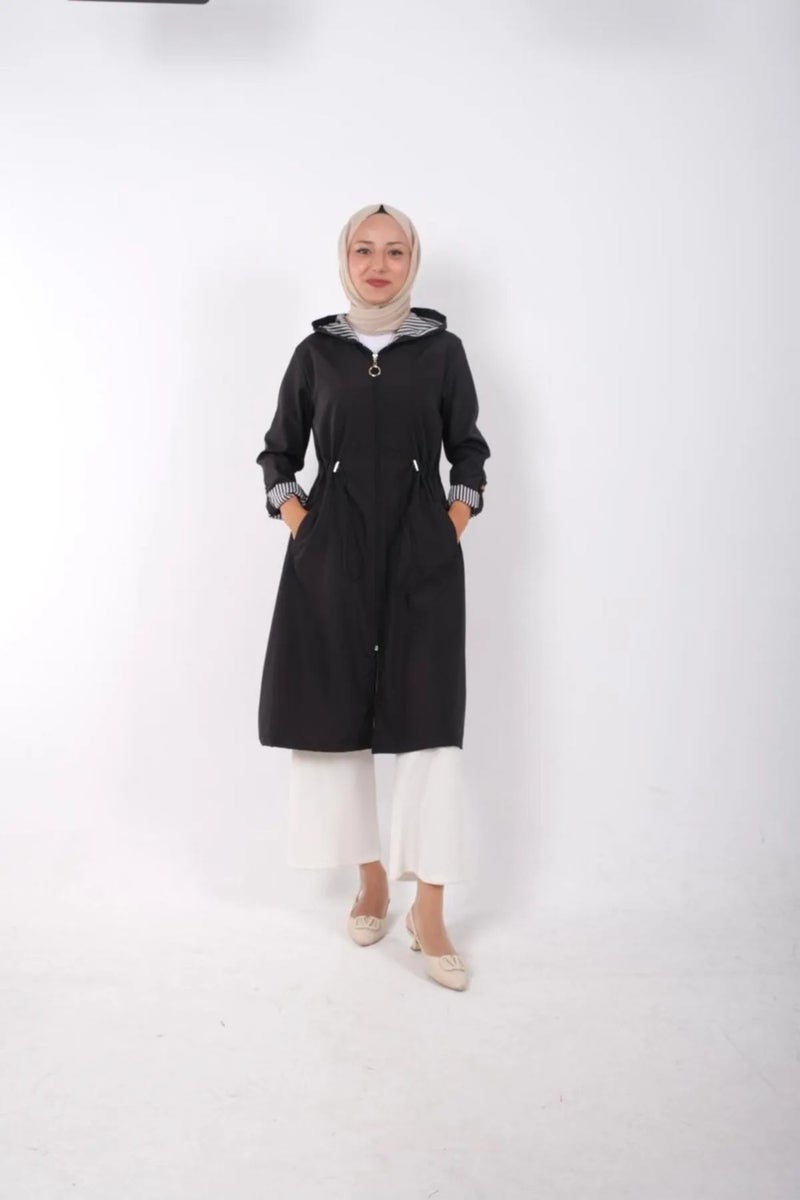 Swana Women's Elastic Waist Detailed Zippered Hooded Trench Coat - Image 2