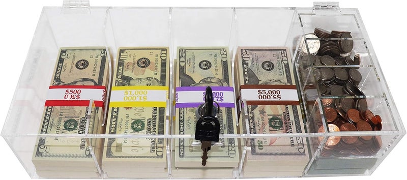 Nadex Clear Locking Currency Tray, 5 Compartment Cash Organizer Money Storage Box with Lockable Cover and Coin Tray Insert, 300 Currency Wrappers Included - Image 2