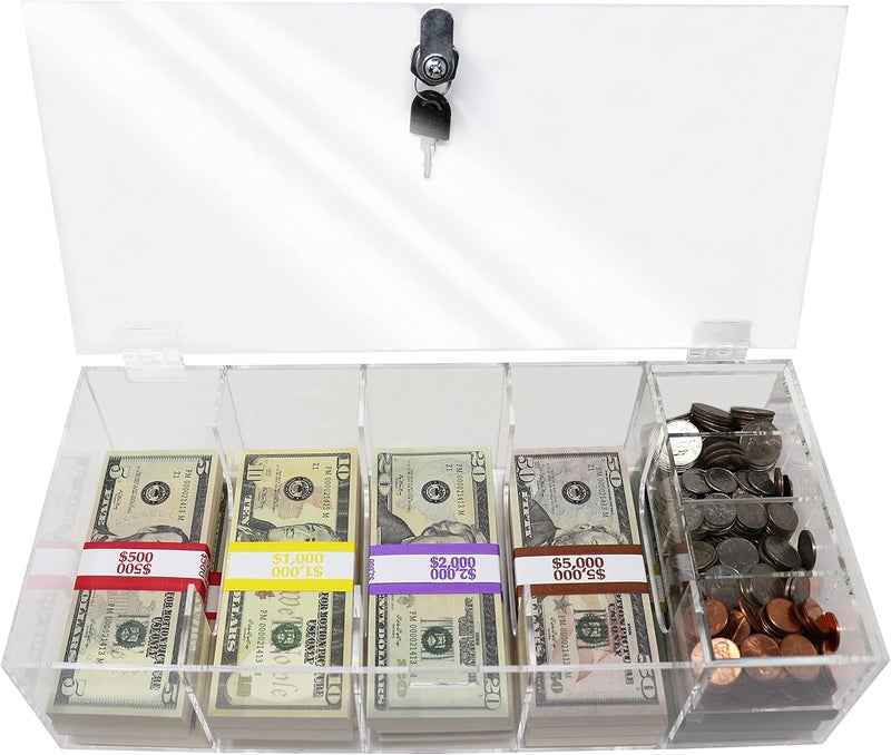 Nadex Clear Locking Currency Tray, 5 Compartment Cash Organizer Money Storage Box with Lockable Cover and Coin Tray Insert, 300 Currency Wrappers Included - Image 5