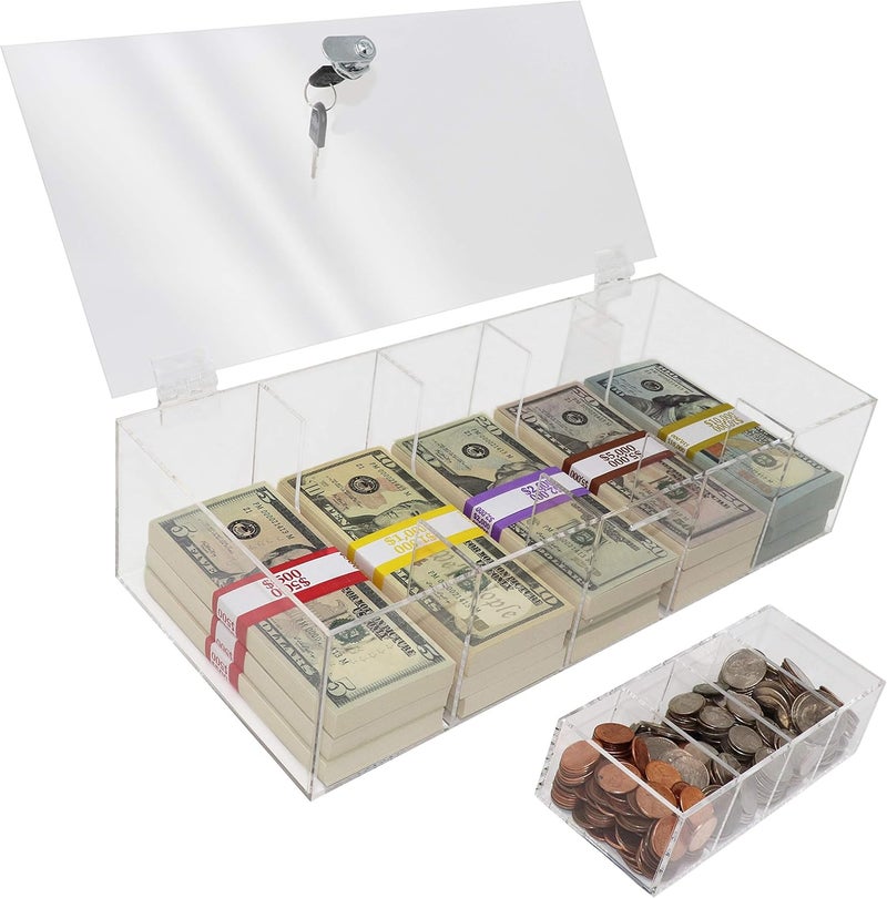 Nadex Clear Locking Currency Tray, 5 Compartment Cash Organizer Money Storage Box with Lockable Cover and Coin Tray Insert, 300 Currency Wrappers Included - Image 1