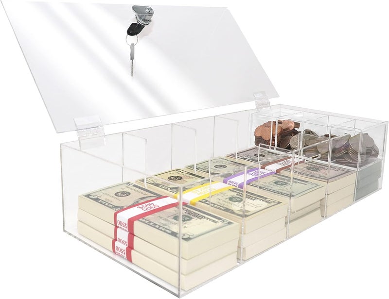 Nadex Clear Locking Currency Tray, 5 Compartment Cash Organizer Money Storage Box with Lockable Cover and Coin Tray Insert, 300 Currency Wrappers Included - Image 4
