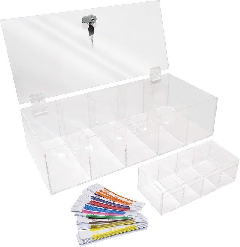 Nadex Clear Locking Currency Tray, 5 Compartment Cash Organizer Money Storage Box with Lockable Cover and Coin Tray Insert, 300 Currency Wrappers Included - Image 3