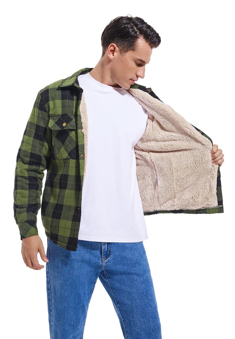 Puwasa Men's Flannel Jackets Sherpa Lined Side Pocket Shirt Jacket Plaid Button Up Camp Night Coat with Pocket Army Green Large - Image 3
