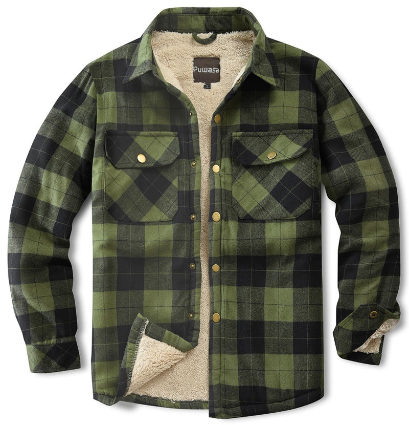 Puwasa Men's Flannel Jackets Sherpa Lined Side Pocket Shirt Jacket Plaid Button Up Camp Night Coat with Pocket Army Green Large - Image 1